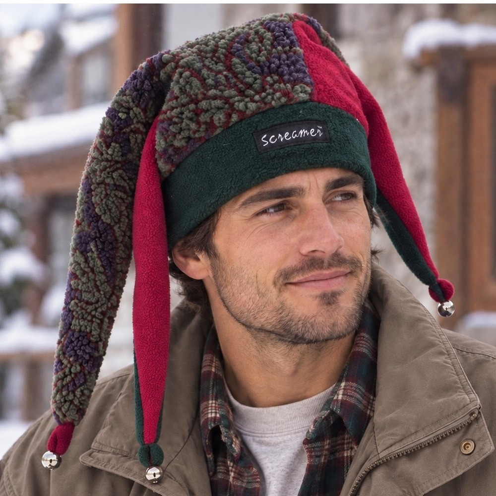 Screamer OS Jester Hat Polartec Fleece Bells Green Red Ski Winter Cap Retro USA